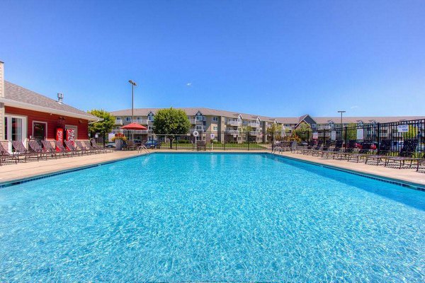 Rooftop pool with lounge chairs at Avana Addison Apartments