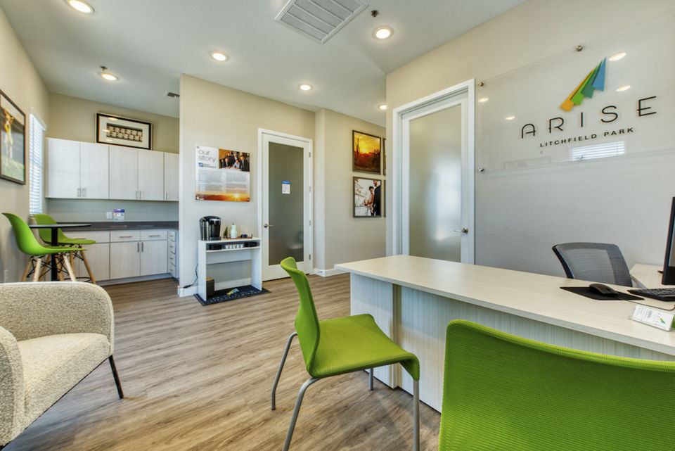 Chic clubhouse lobby with modern decor at Abode at Litchfield Park Apartments