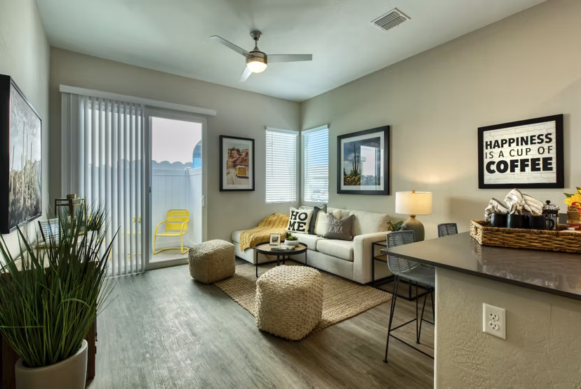 Spacious living room with modern decor at Abode at Litchfield Park Apartments