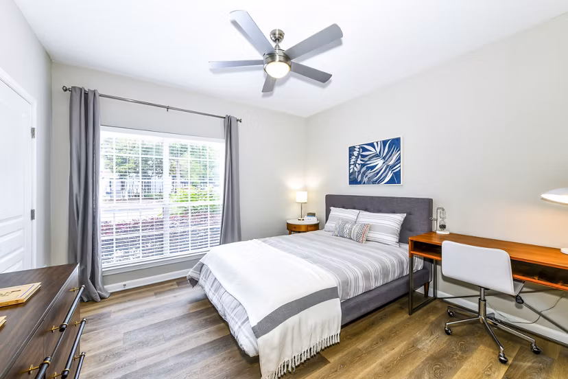 Cozy bedroom with elegant design at Avana Cheshire Bridge luxury apartments in Atlanta