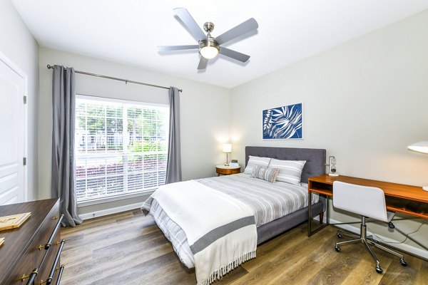 Cozy bedroom with elegant design at Avana Cheshire Bridge luxury apartments in Atlanta