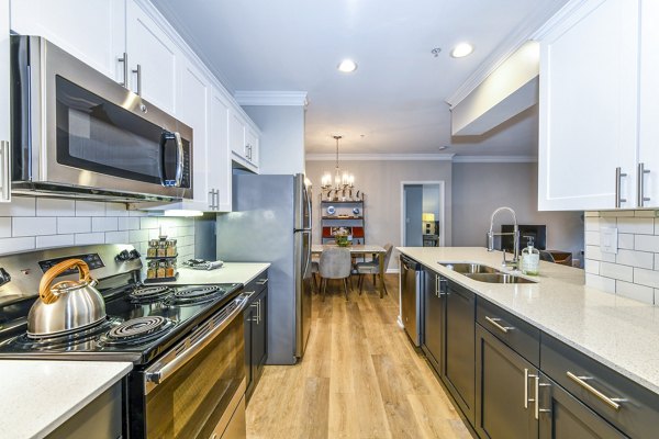 Modern kitchen with sleek countertops and stainless steel appliances at Avana Cheshire Bridge Apartments