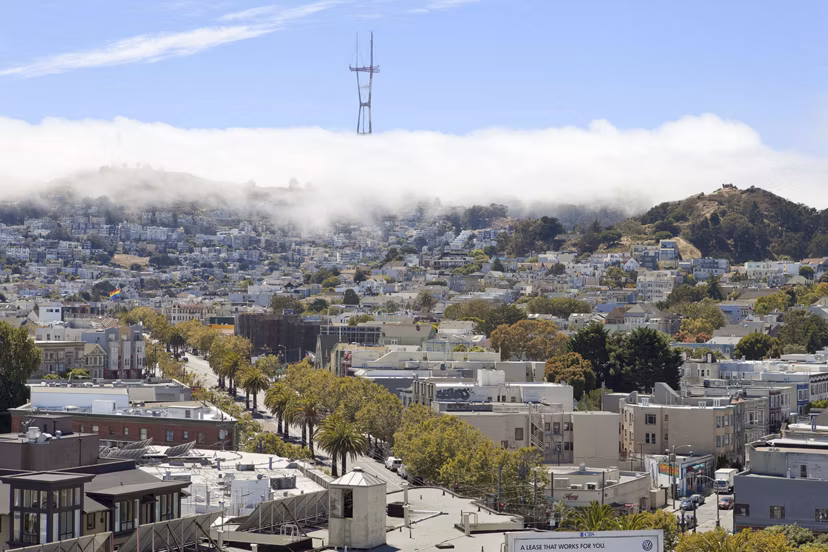 Scenic city view from an upscale apartment balcony at 38 Dolores Apartments