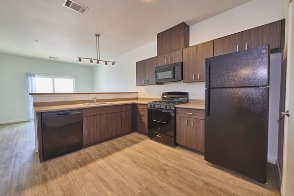 Modern kitchen with stainless steel appliances in Alpine Vista Apartments
