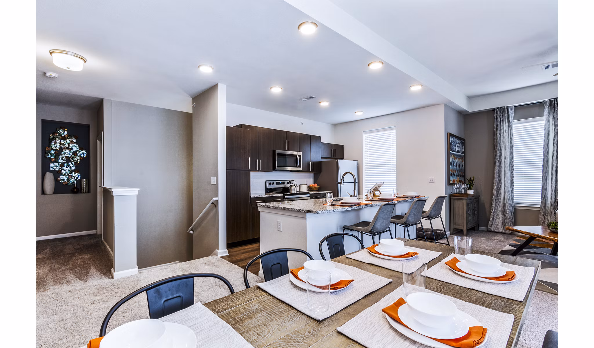 Dining room with modern decor at The Landing at Tiffany Springs Apartments