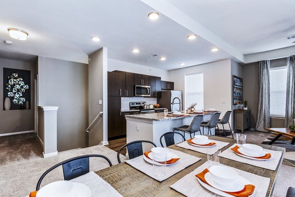 Dining room with modern decor at The Landing at Tiffany Springs Apartments