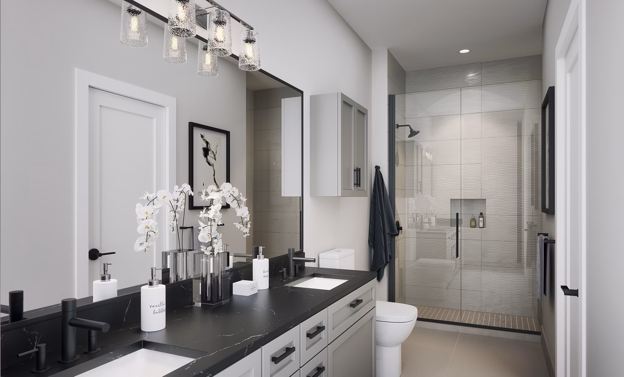 Modern bathroom featuring a black countertop, large mirror, and walk-in shower with decorative lighting