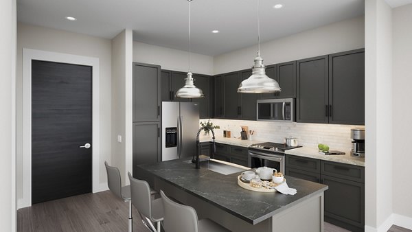 Modern kitchen with dark cabinets, island bar seating, and stainless steel appliances in luxury apartments