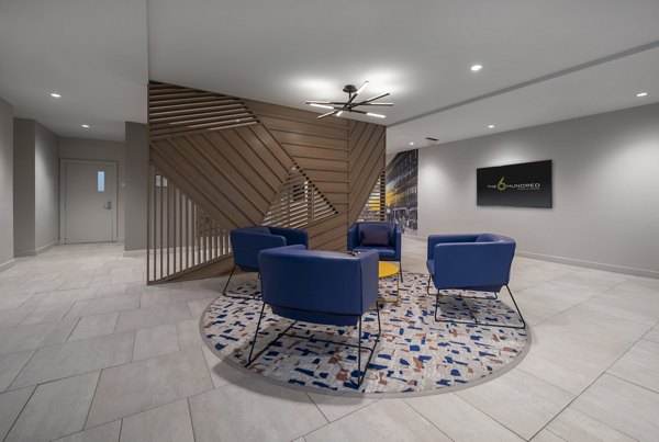 Stylish clubhouse with modern design at The 6Hundred Apartments in vibrant urban setting