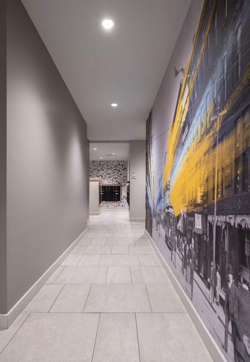 Modern hallway with elegant lighting at The 6Hundred Apartments