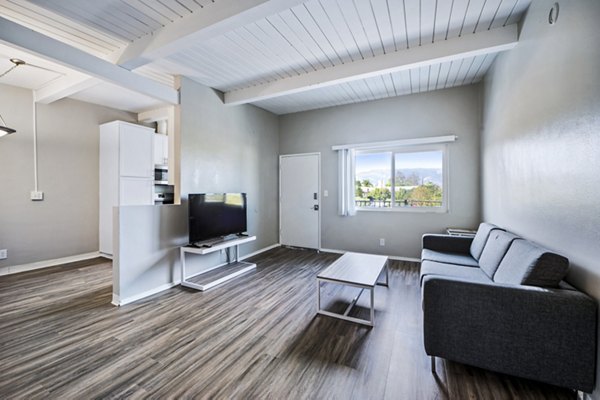 Spacious living room with modern decor at Breakpointe Coronado Apartments Luxurious design with ample natural light for comfort and style