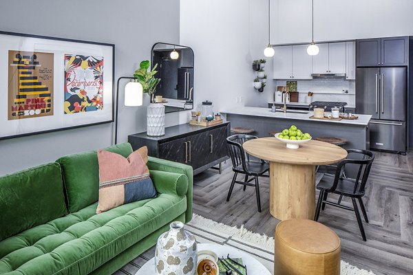 Dining room with modern furnishings and stylish lighting at Mercato Grove Apartments