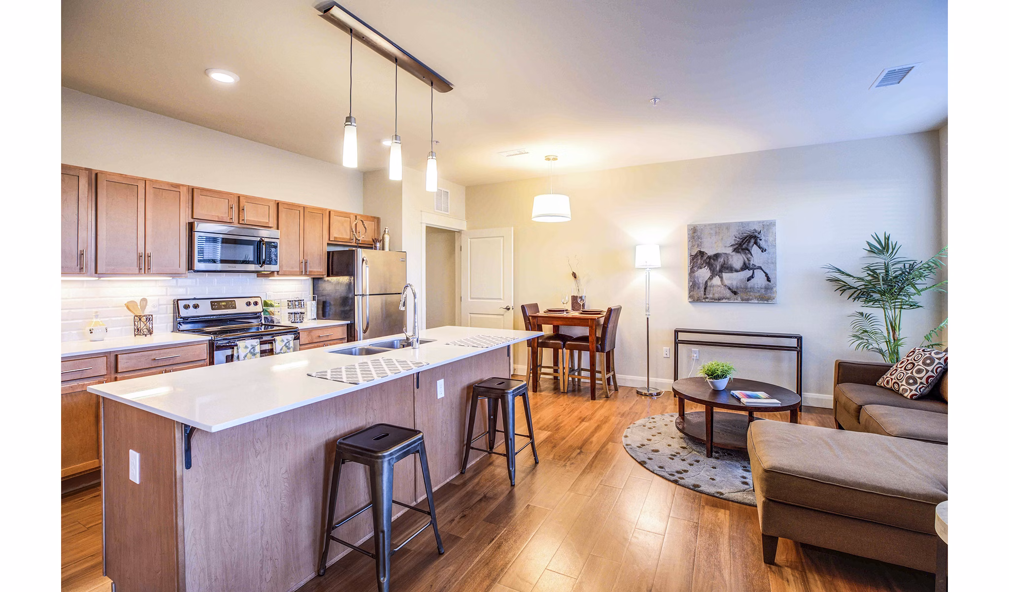 Modern kitchen with stainless steel appliances at Everleigh Central Park Apartments