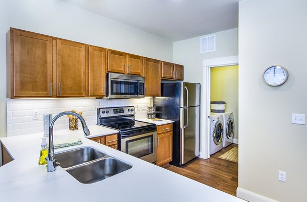 Modern kitchen with stainless steel appliances at Everleigh Central Park Apartments