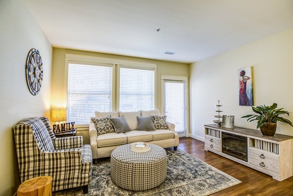 Modern living room with stylish decor and natural lighting in Everleigh Central Park Apartments, offering luxury living in a vibrant community