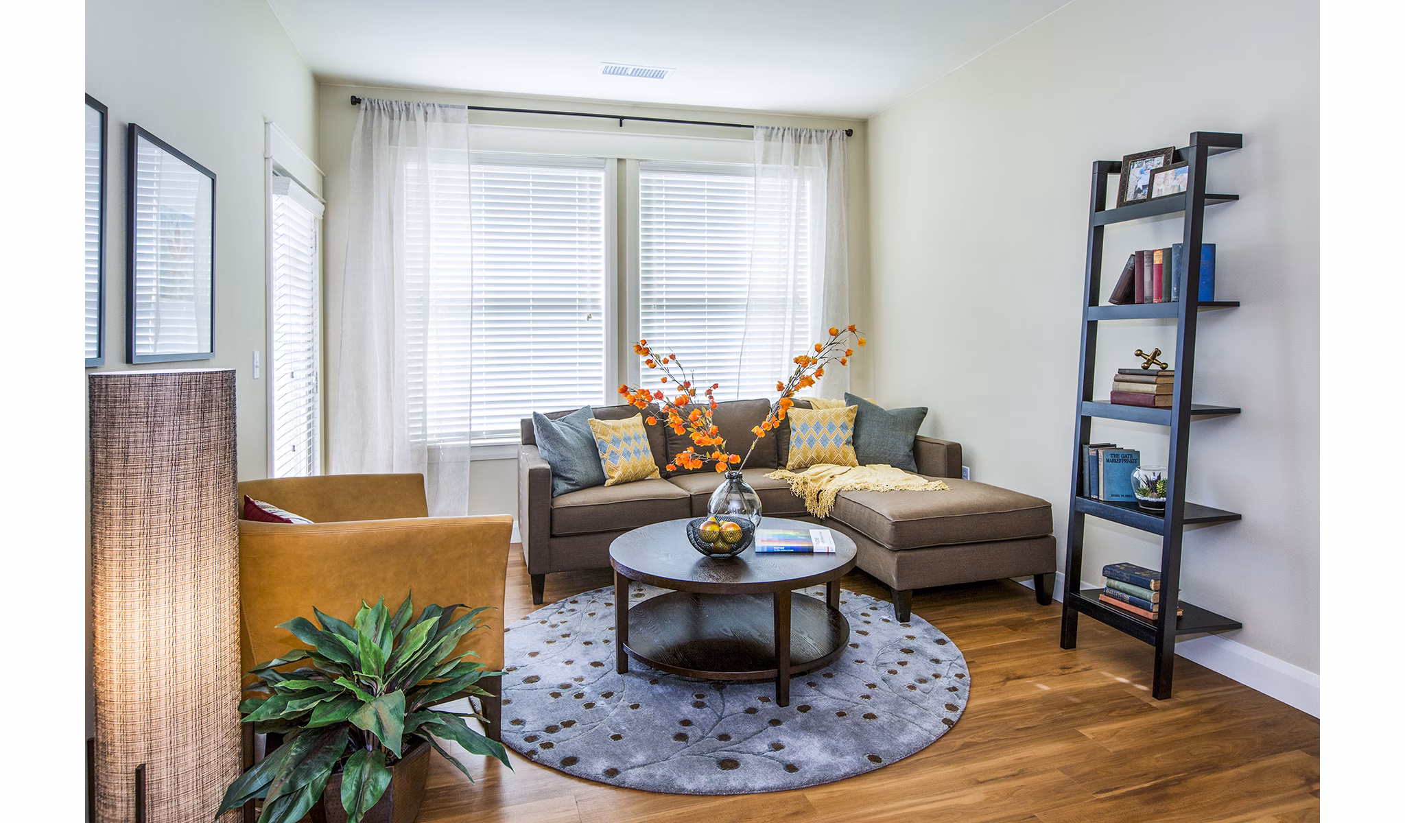 Cozy living room with modern furnishings at Everleigh Central Park Apartments