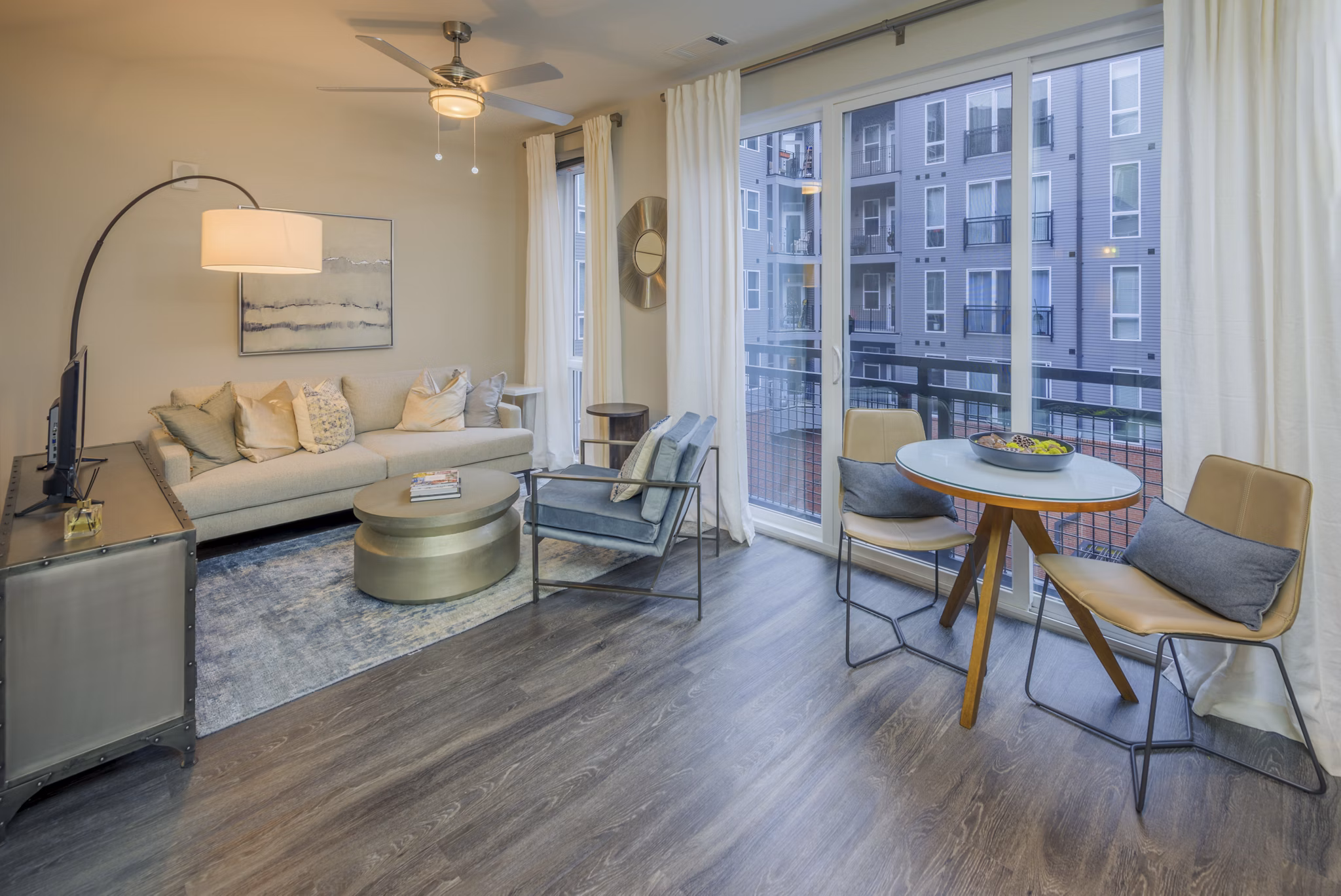 Dining area featuring modern decor at The Dillon Apartments, luxury rental spaces in the heart of the city