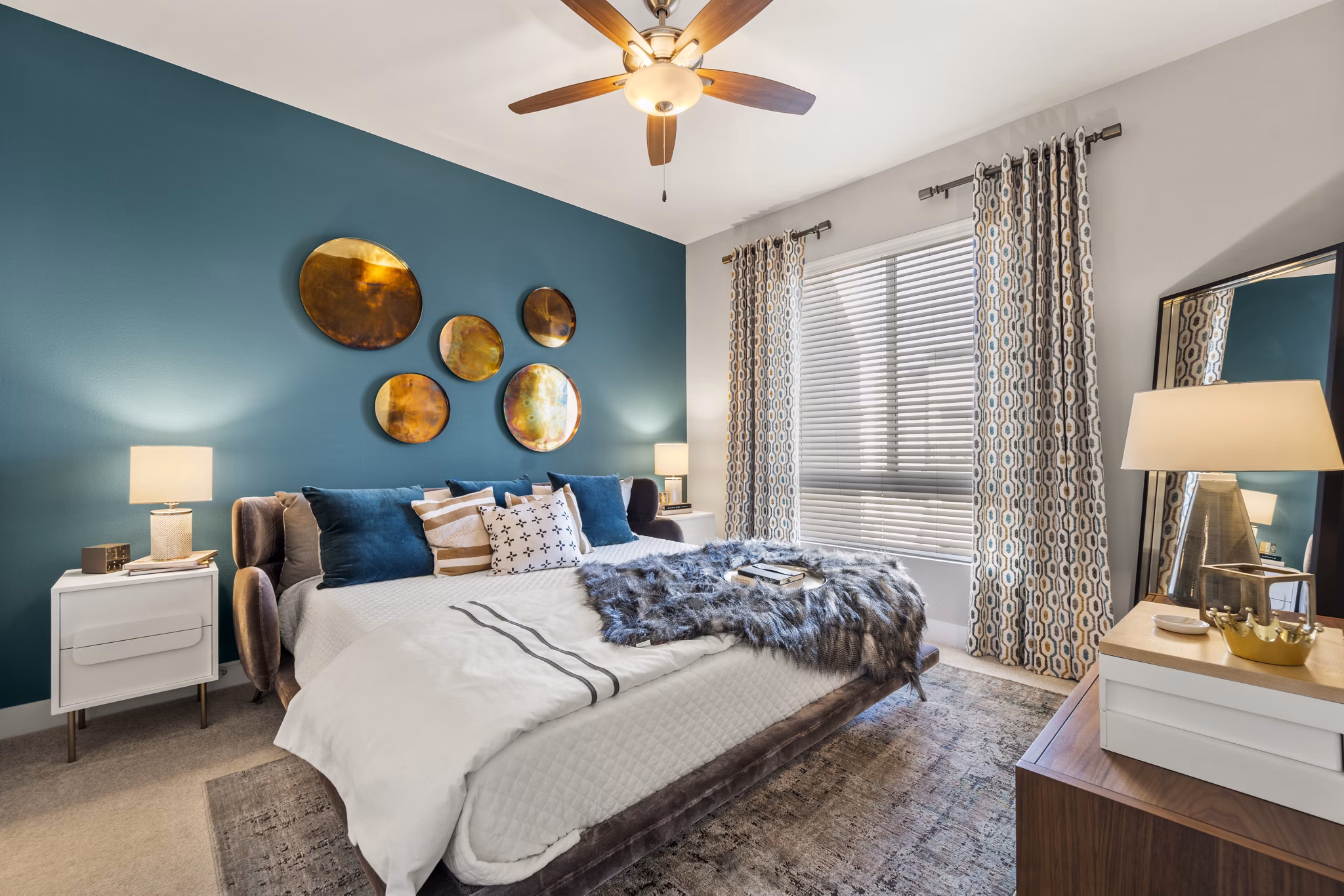 Cozy bedroom with modern decor at Maxwell on 66th Apartments