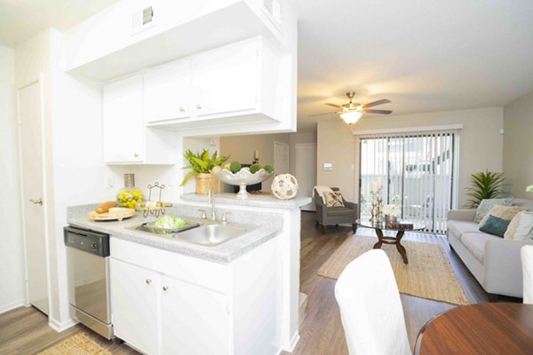 Modern kitchen with sleek countertops and stainless steel appliances in 3 Corners North Apartments