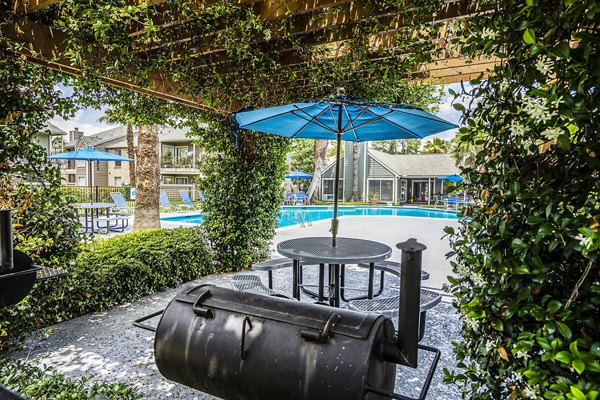 Outdoor pool and grill area at Hammerly Oaks Apartments, perfect for relaxation and entertaining in a beautifully landscaped setting