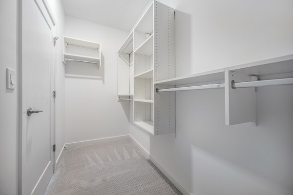 Spacious bedroom closet with ample storage space at Woodside Trumbull Apartments Perfect for organizing clothing and personal items