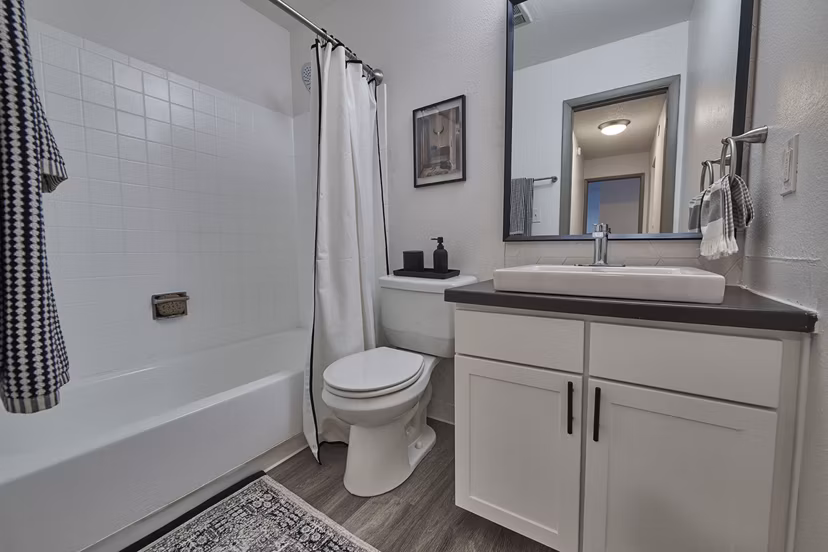 Bathroom featuring sleek fixtures and modern design at Novi at Lowry Apartments