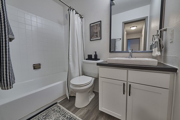 Bathroom featuring sleek fixtures and modern design at Novi at Lowry Apartments