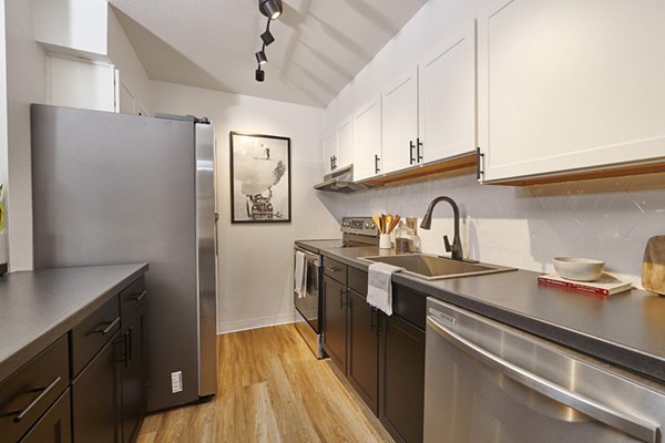 Modern kitchen with sleek countertops and stainless steel appliances at Novi at Lowry Apartments, a Greystar luxury apartment community