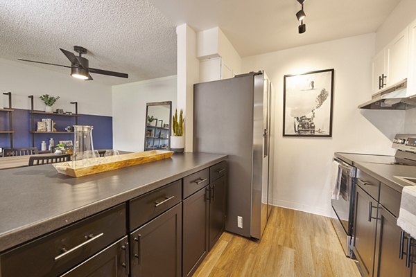 Spacious kitchen featuring stainless steel appliances at Novi at Lowry Apartments