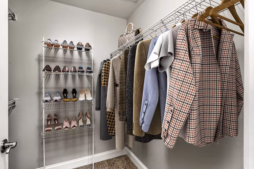 Bedroom closet with built-in shelving and ample storage space in The Preserve at Cohasset Apartments