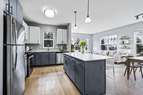 Kitchen featuring modern appliances and sleek countertops at The Preserve at Cohasset Apartments