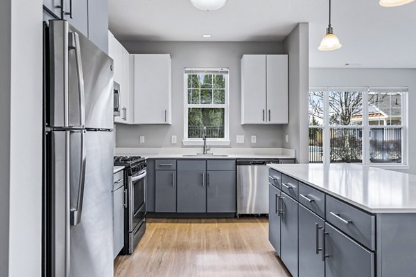 Modern kitchen with stainless steel appliances at The Preserve at Cohasset Apartments
