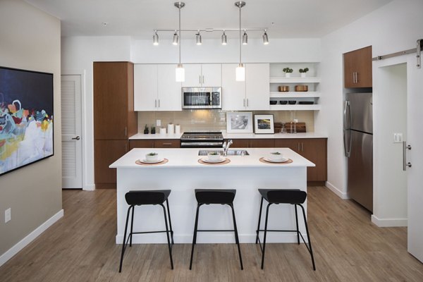 Modern kitchen with sleek countertops and stainless steel appliances at The Well Apartments in luxury Greystar community