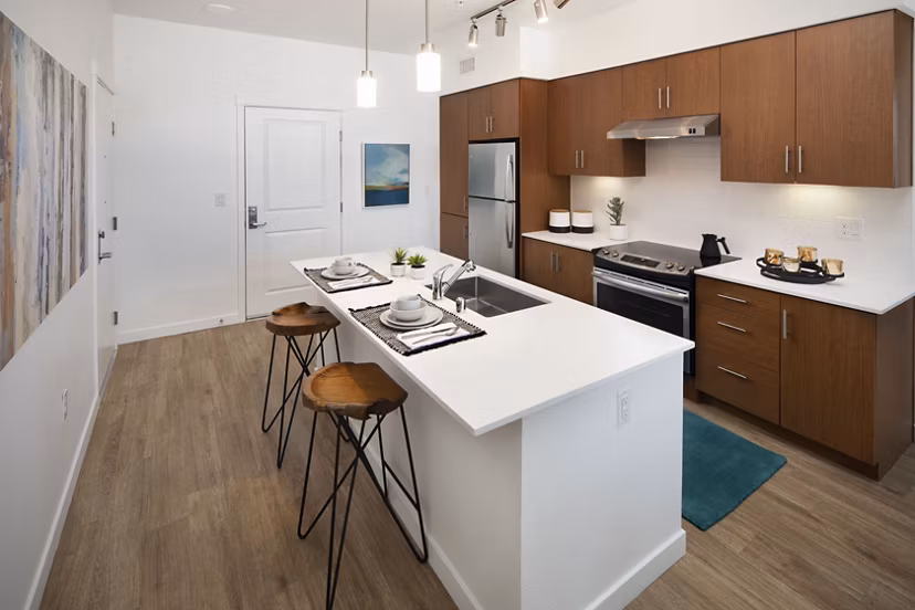 Modern kitchen with stainless steel appliances in The Well Apartments, luxury living by Greystar