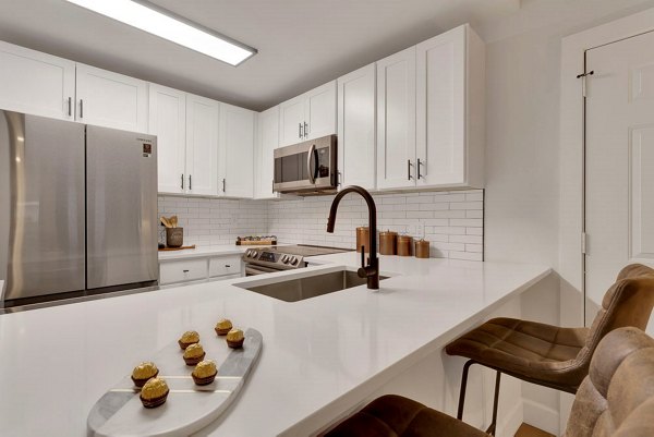 The Marks Apartments: Modern kitchen with stainless steel appliances and quartz countertops