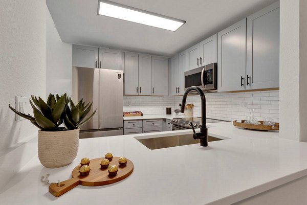 Sleek modern kitchen with stainless steel appliances at The Marks Apartments