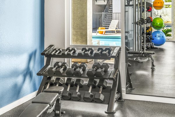 Modern fitness center equipped with state-of-the-art gym machines and free weights at HUE97 Apartments