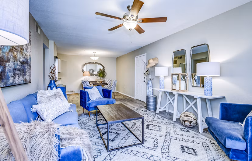 Spacious living room with modern decor and large windows at HUE97 Apartments