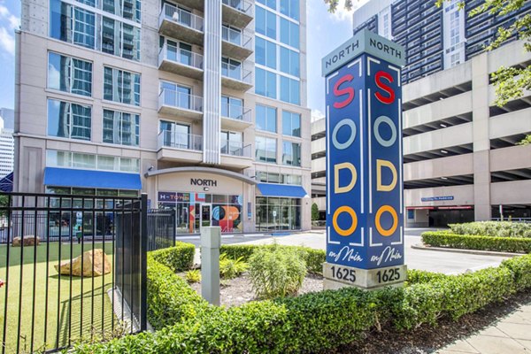 signage/building/exterior at SoDo on Main North Apartments