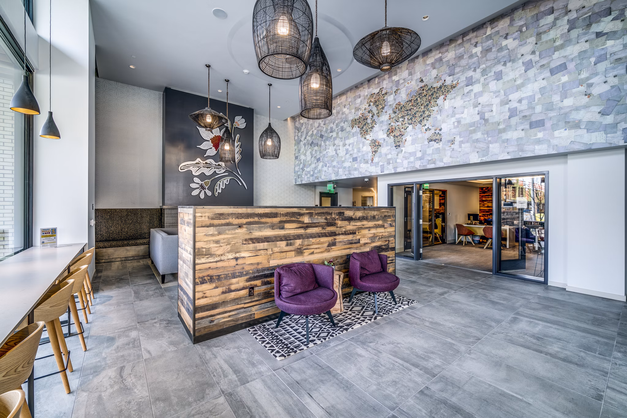 Modern clubhouse lobby with sleek design elements at Batik Apartments in downtown Seattle