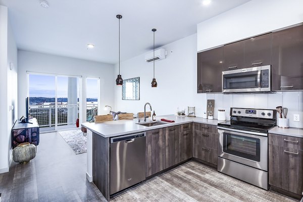 Modern kitchen with stainless steel appliances in Batik Apartments