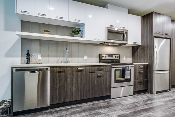 Modern kitchen with sleek countertops and stainless steel appliances in Batik Apartments