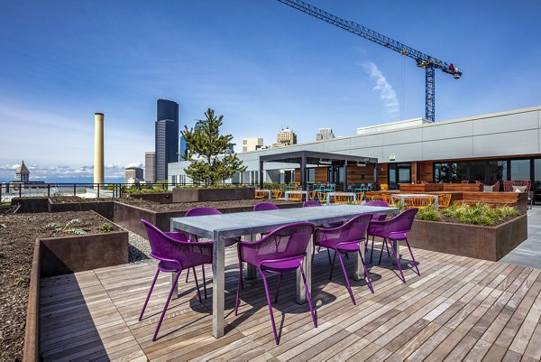 Patio with stylish seating at Batik Apartments, offering luxury outdoor living space with city views