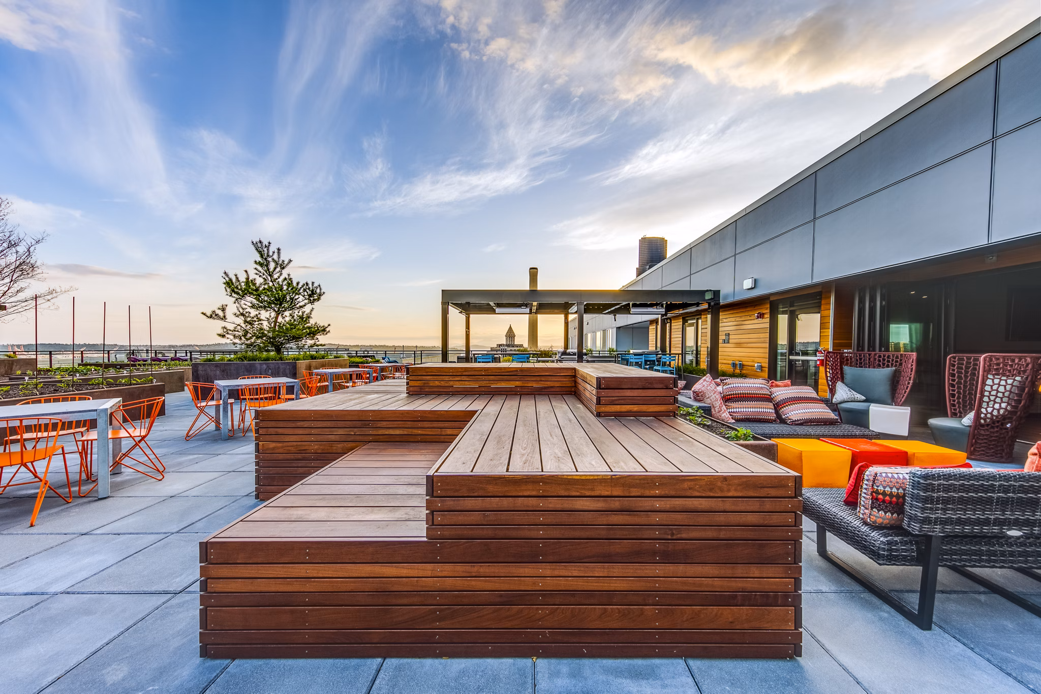 Private patio with stylish seating area at Batik Apartments in Greystar's luxury Seattle community