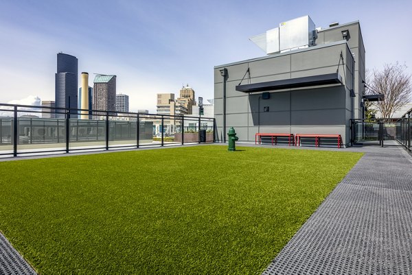 Dog park with agility equipment at Batik Apartments offering lush green spaces for pet-friendly living in Seattle