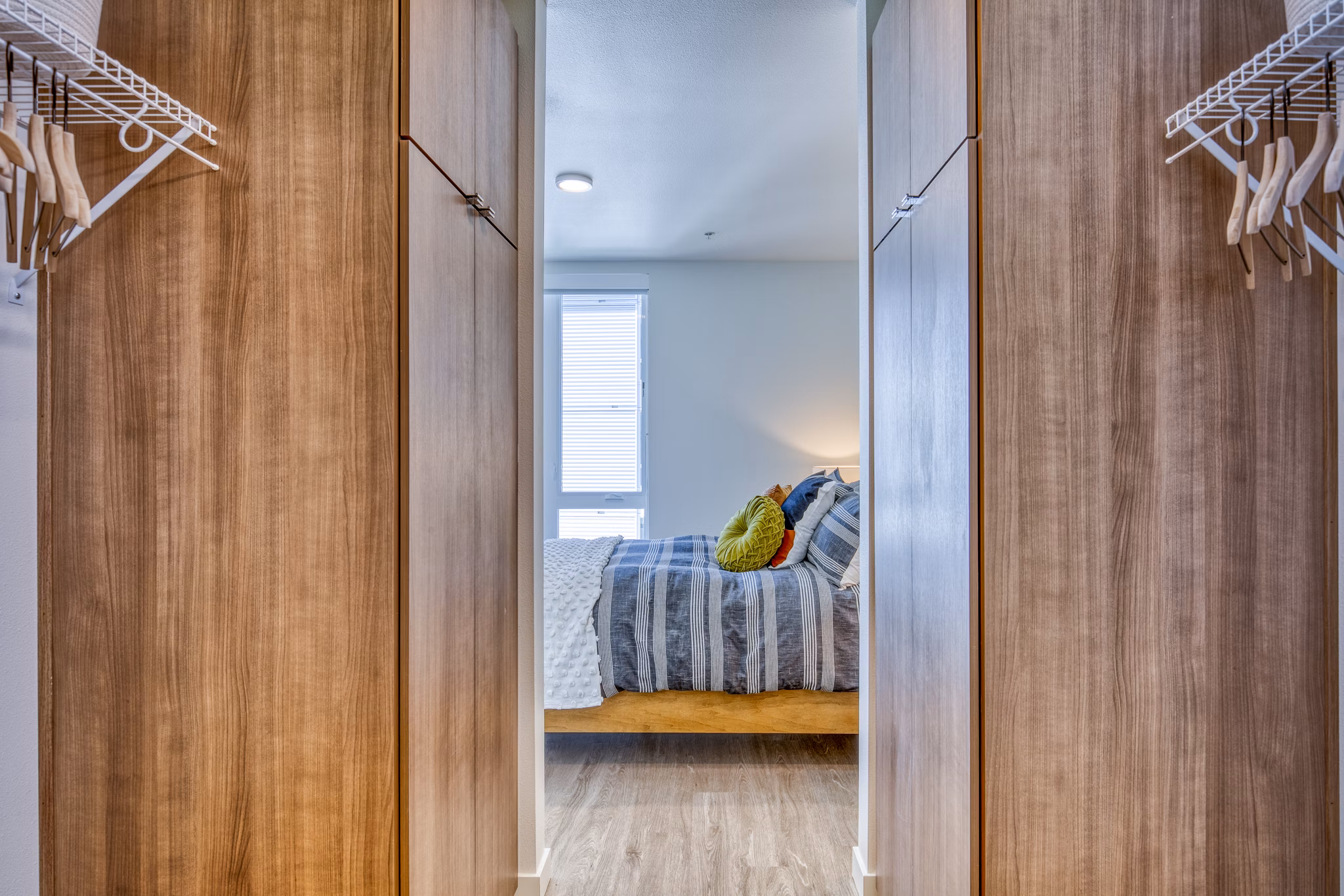 Spacious bedroom closet with built-in shelving at Cypress Apartments