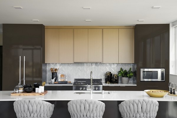 Modern kitchen with stainless steel appliances at 525 Olive Apartments, a Greystar luxury property in an urban setting