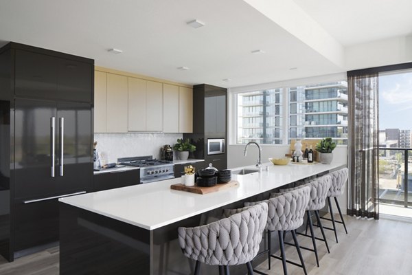 Modern kitchen with stainless steel appliances at 525 Olive Apartments