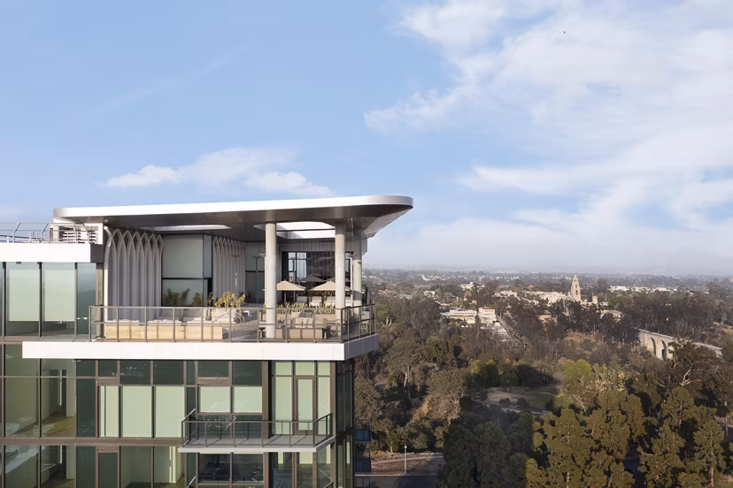 525 Olive: Scenic cityscape view from luxury apartments in urban setting