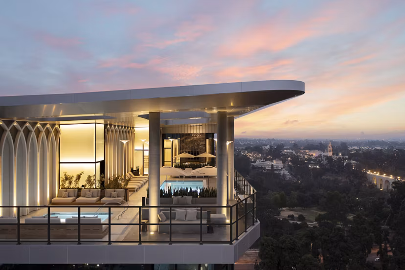 Cityscape view from high-rise balcony at 525 Olive Apartments, a luxury Greystar property in downtown San Diego
